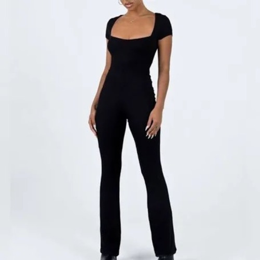 Princess Polly Black Short Sleeve Sweetheart Wide Leg Jumpsuit Size 8 Ribbed